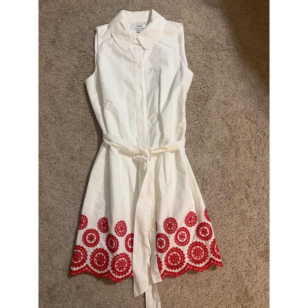 CeCe Womens Small White Cotton Shirt Dress Red Floral Eyelet Scallop Hem Belted